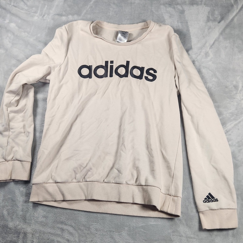 Adidas Sweatshirt Cream‎ Black Logo Crew Neck Pullover Women L Sportswear